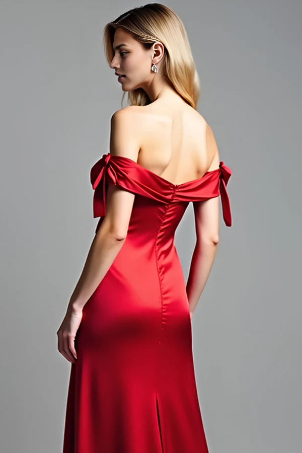 Red Off the Shoulder Satin Long Prom Dress with Slit simple gentle atmospheric and unique desi Bring summer colors to enhance whiteness