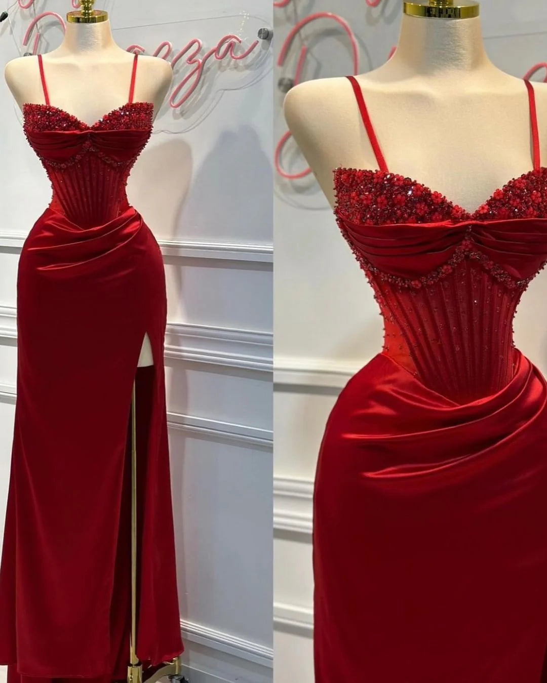 Red Prom Dress with Slit Open Backs Fitted Long Evening Gown simple gentle atmospheric and unique desi Bring summer colors to enhance whiteness