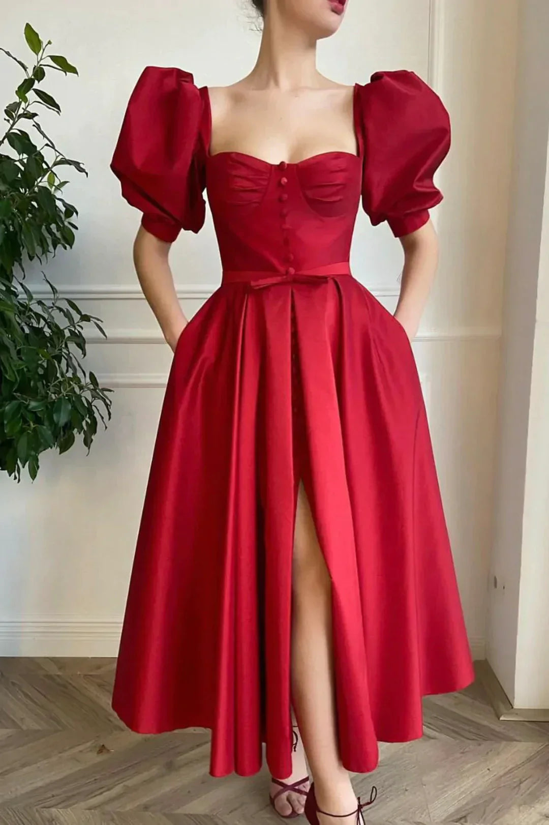 Red Satin Short Prom Dress Cute Short Sleeve Party Dress with Slit simple gentle atmospheric and unique desi Bring summer colors to enhance white