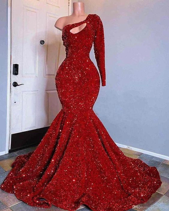 Red Sequined Black Girls Mermaid Prom Dresses One Shoulder Long Sleeve Evening Gowns simple gentle atmospheric and unique desi Bring summer colors to enhance whiteness