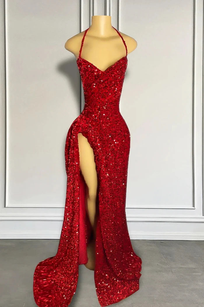 Red Sequined Prom Gown with Slit and Shiny Floor-Length Design Simple gentle atmospheric and unique design