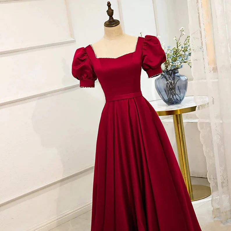 Red Short Sleeve Prom Dress A-line Satin Birthday Dresses simple gentle atmospheric and unique desi Bring summer colors to enhance whiteness