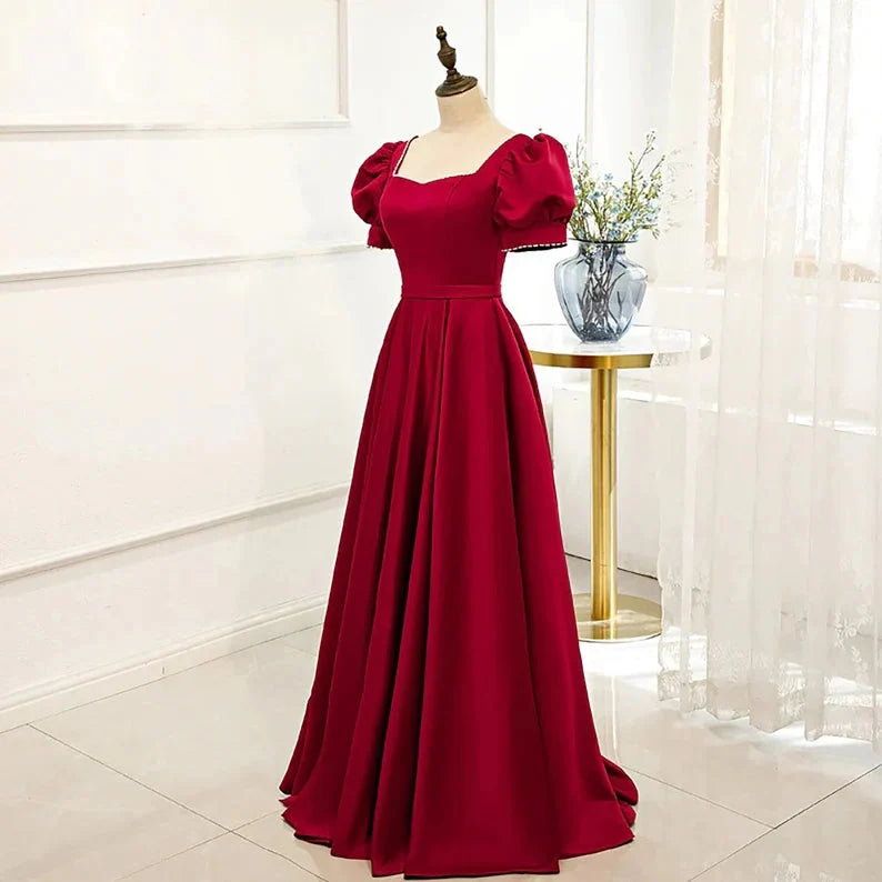 Red Short Sleeve Prom Dress A-line Satin Birthday Dresses simple gentle atmospheric and unique desi Bring summer colors to enhance whiteness