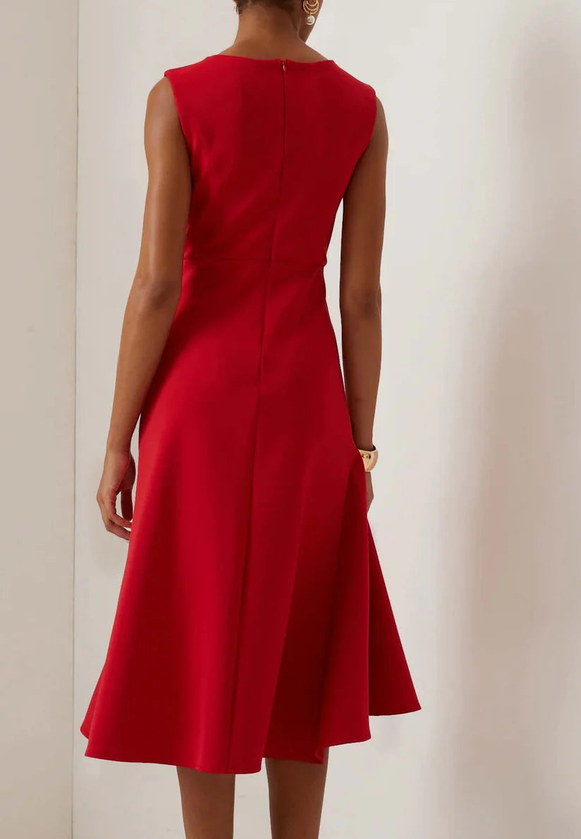 Red Sleeveless Midi Elegant A-line Dress with Waist Twist for Day-to-Night simple gentle atmospheric and unique desi Bring summer colors to enhance whiteness