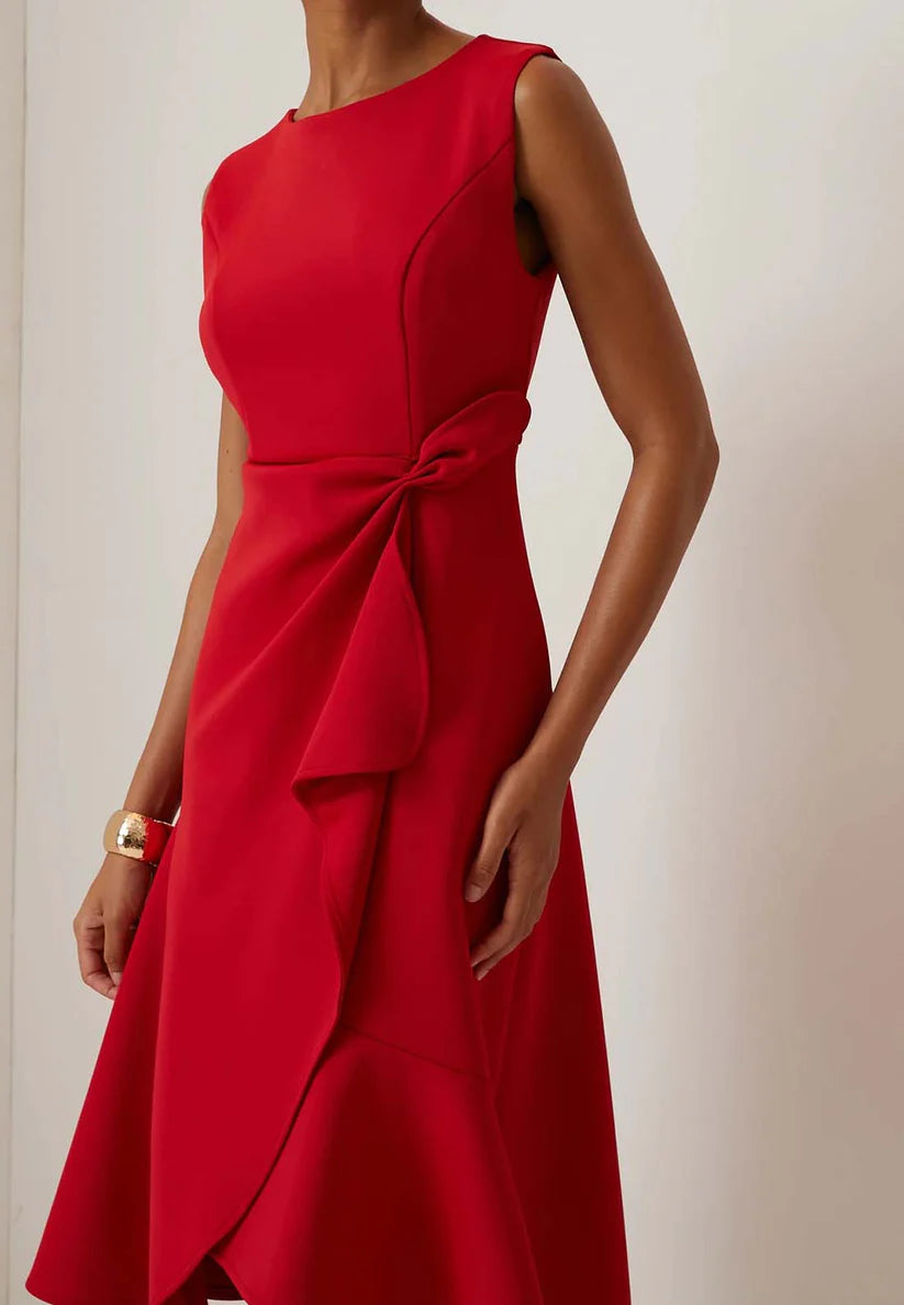 Red Sleeveless Midi Elegant A-line Dress with Waist Twist for Day-to-Night simple gentle atmospheric and unique desi Bring summer colors to enhance whiteness