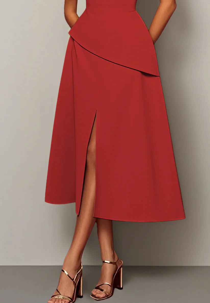 Red Slit Off The Shoulder A-Line Midi Dress simple gentle atmospheric and unique desi Bring summer colors to enhance whiteness