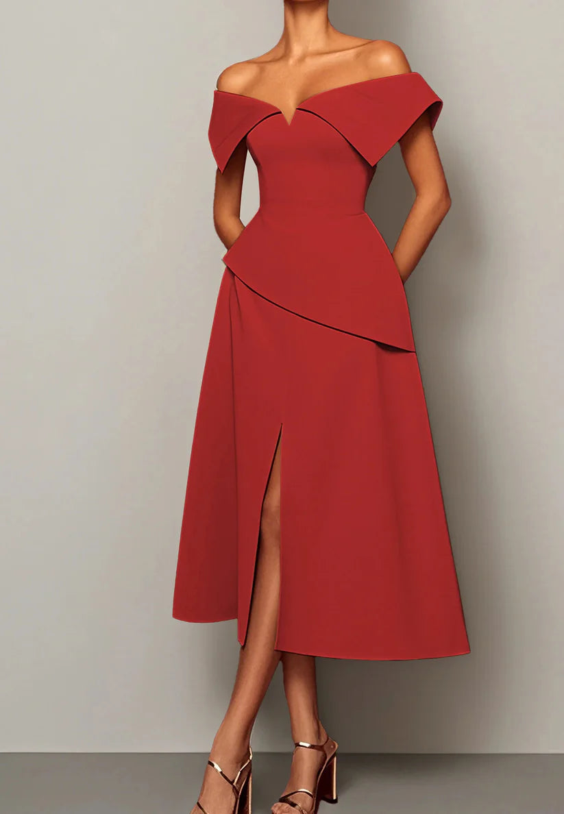 Red Slit Off The Shoulder A-Line Midi Dress simple gentle atmospheric and unique desi Bring summer colors to enhance whiteness