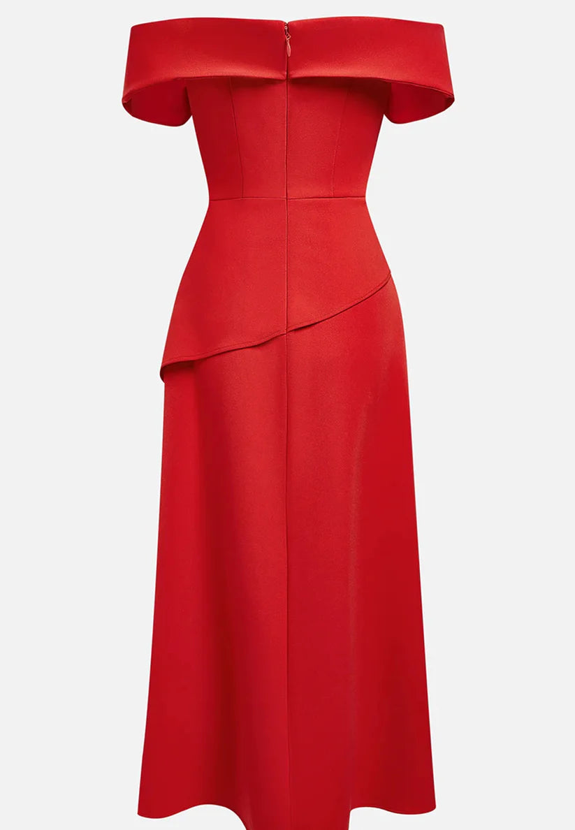 Red Slit Off The Shoulder A-Line Midi Dress simple gentle atmospheric and unique desi Bring summer colors to enhance whiteness