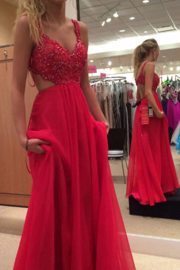 Red Spaghetti Strap Chiffon Backless Prom Dresses,A Line Long Formal Gowns simple gentle atmospheric and unique desi Bring summer colors to enhance whiteness