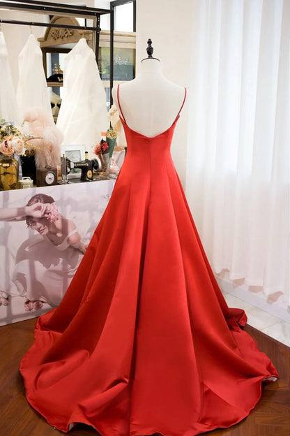 Red Spaghetti Strap Satin Long Prom Dress Simple A-Line Evening Party Dress simple gentle atmospheric and unique desi Bring summer colors to enhance white