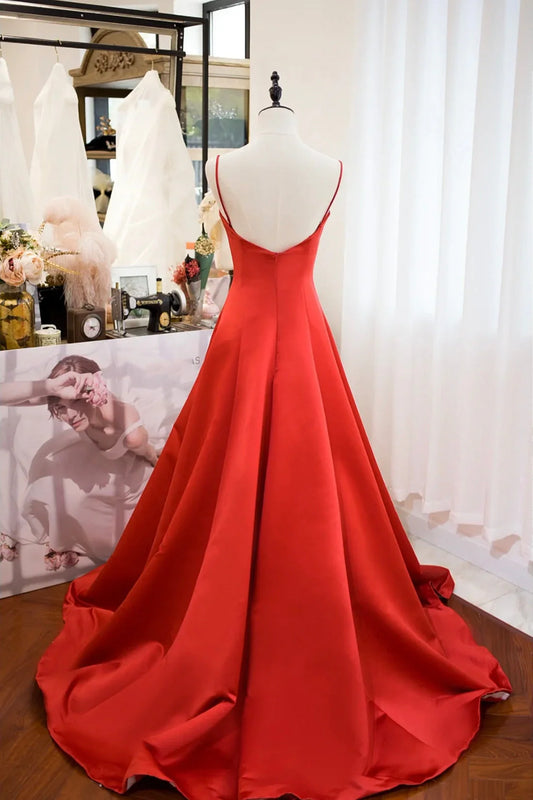 Red Spaghetti Strap Satin Long Prom Dress Simple A-Line Evening Party Dress simple gentle atmospheric and unique desi Bring summer colors to enhance white