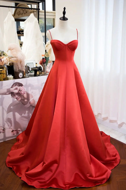 Red Spaghetti Strap Satin Long Prom Dress Simple A-Line Evening Party Dress simple gentle atmospheric and unique desi Bring summer colors to enhance white