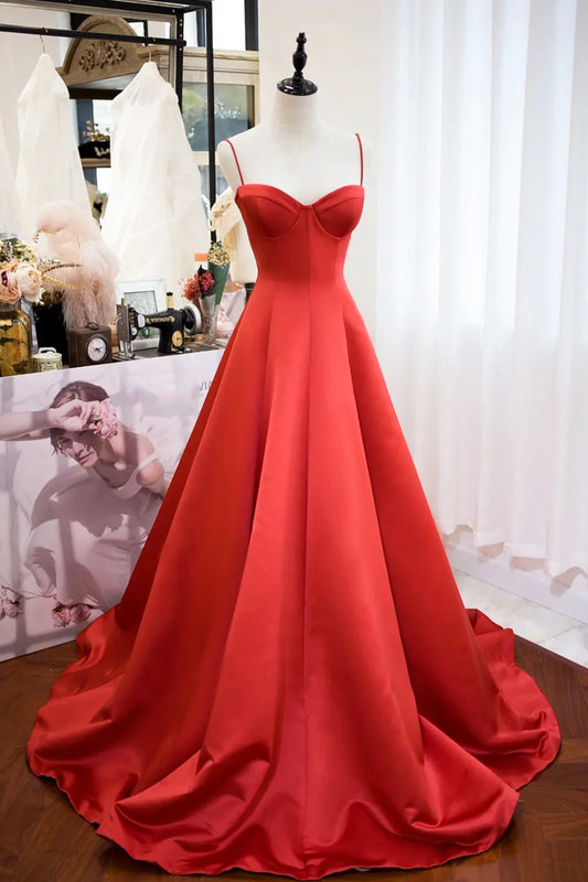 Red Spaghetti Strap Satin Long Prom Dress Simple A-Line Evening Party Dress simple gentle atmospheric and unique desi Bring summer colors to enhance white