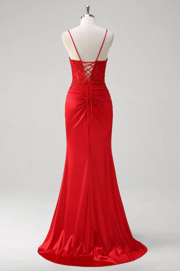 Red Spaghetti Straps Mermaid Satin Long Corset Prom Dress with Appliques simple gentle atmospheric and unique desi