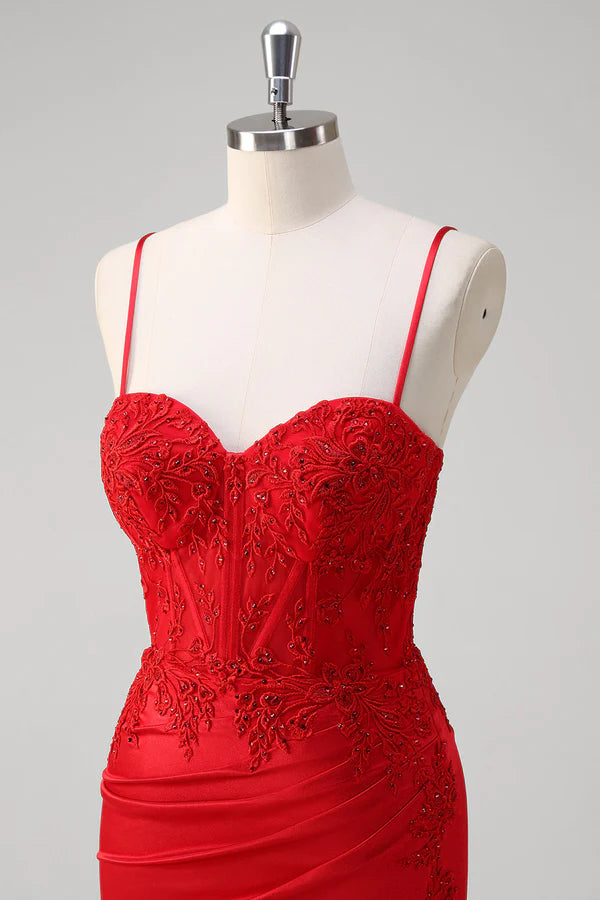 Red Spaghetti Straps Mermaid Satin Long Corset Prom Dress with Appliques simple gentle atmospheric and unique desi