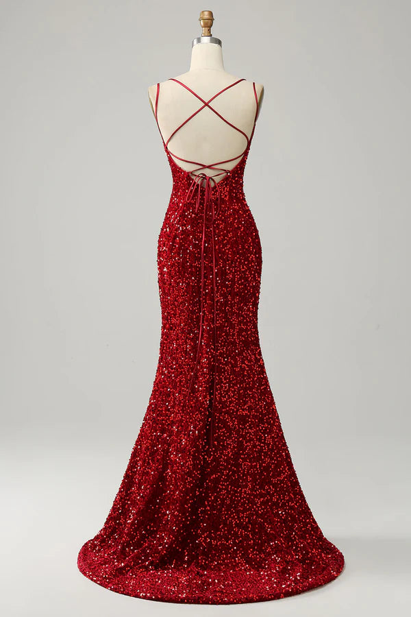 Red Sparkly Mermaid Backless Long Prom Dress with Fringes Simple gentle atmospheric and unique design