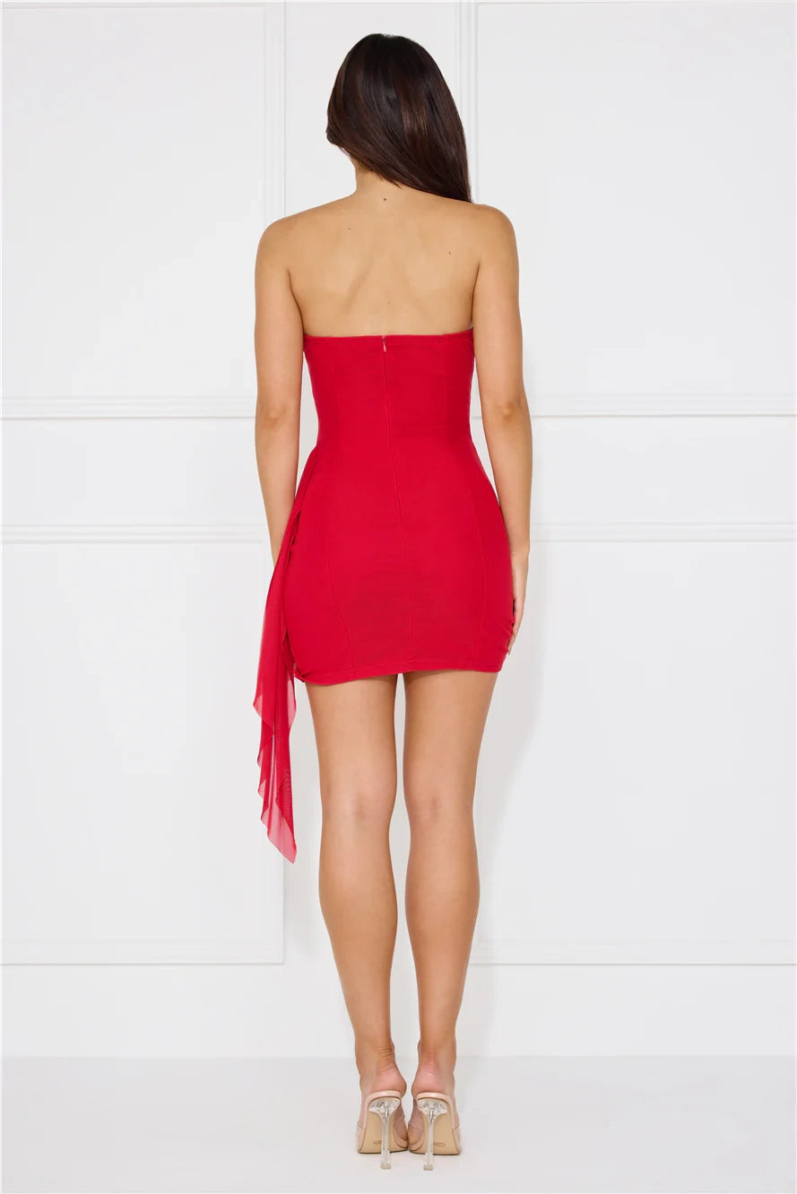 Red Strapless Mini Dress with Lace and Chiffon Details Lace to the neckline and hem Short Prom Dress