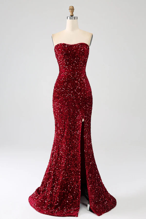 Red Strapless Sequins Long Mermaid Prom Dress With Slit simple gentle atmospheric and unique desi