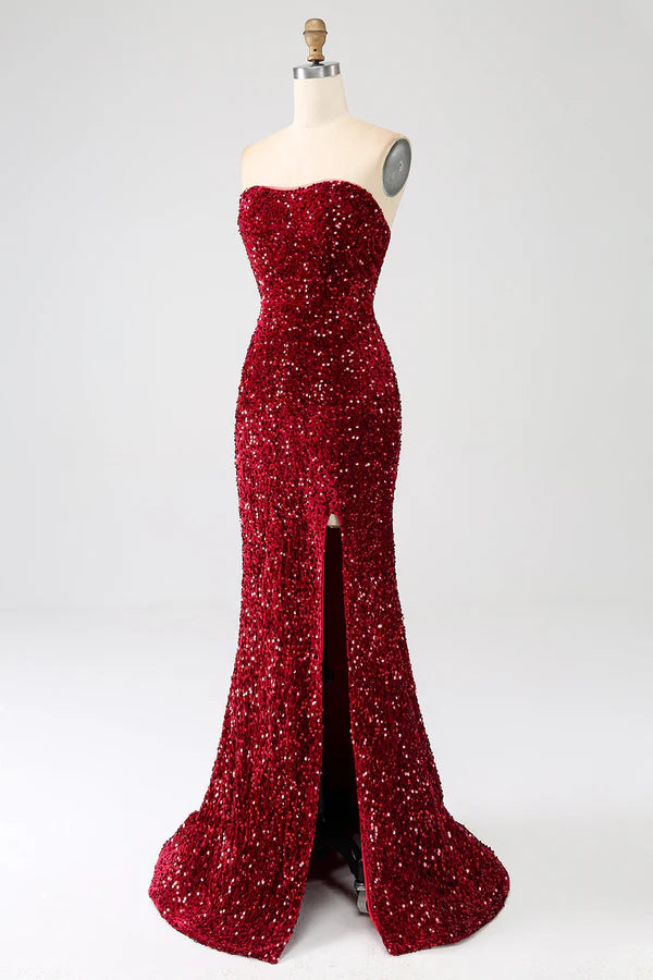 Red Strapless Sequins Long Mermaid Prom Dress With Slit simple gentle atmospheric and unique desi