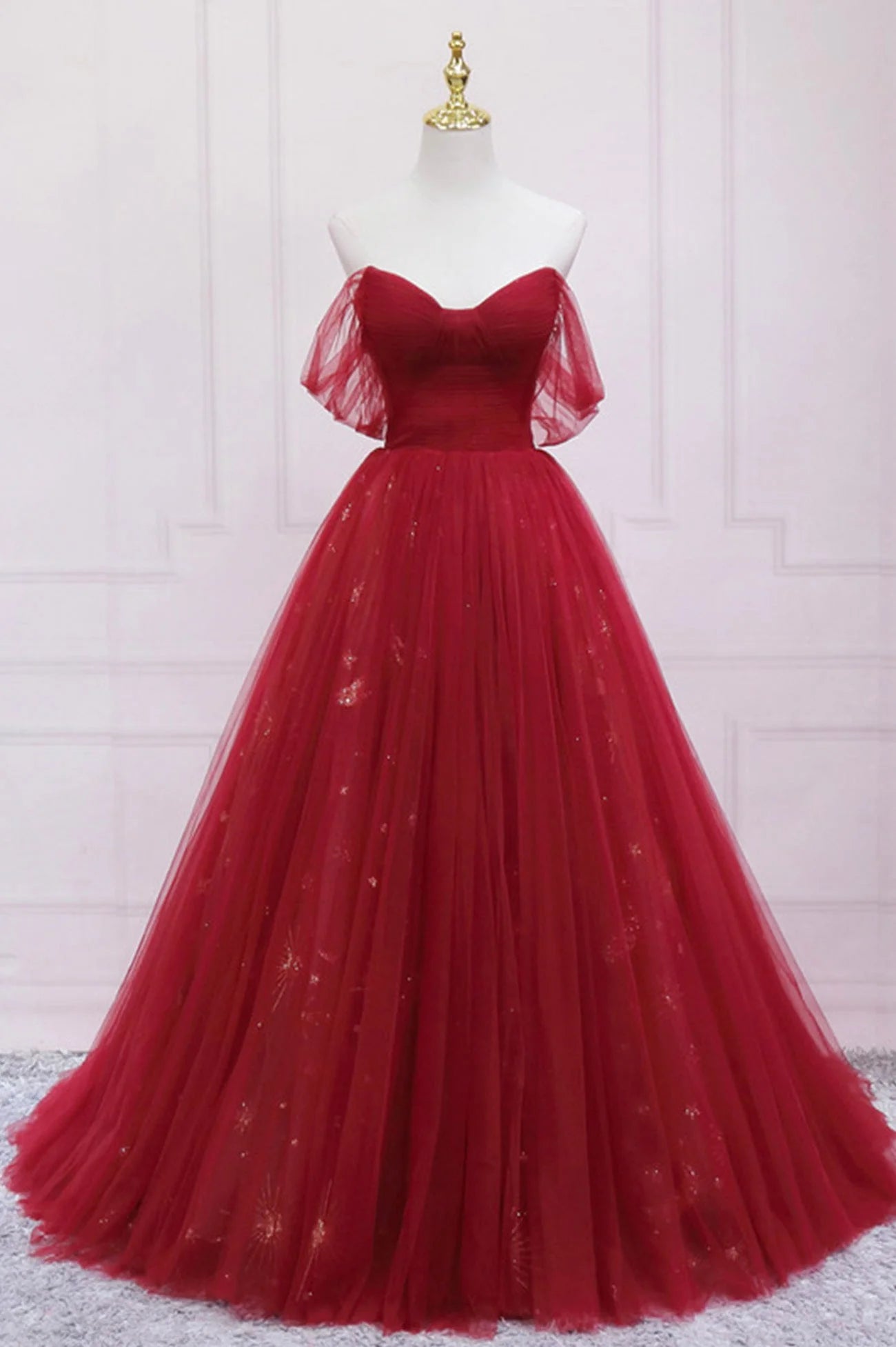 Red Tulle Long A-Line Prom Dress Off the Shoulder Formal Evening Dress simple gentle atmospheric and unique desi Bring summer colors to enhance whitenes