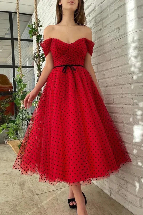 Red Tulle Off The Shoulder Tea Length Prom Dress Homecoming Dress simple gentle atmospheric and unique desi Bring summer colors to enhance whiteness