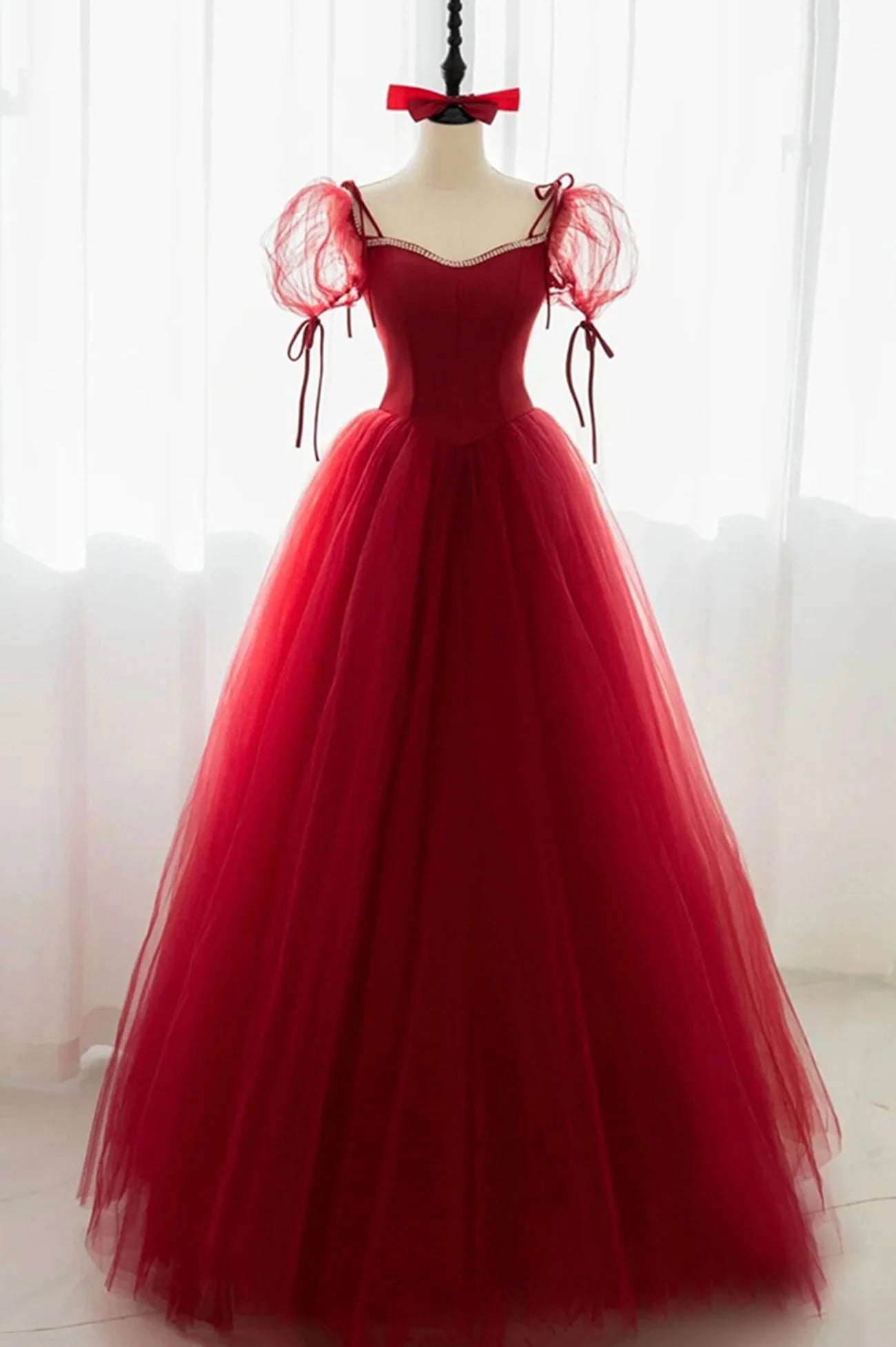 Red Tulle Short Sleeve Prom Dress  A-Line Floor Length Evening Graduation Dress simple gentle atmospheric and unique desi Bring summer colors to enhance whitenes