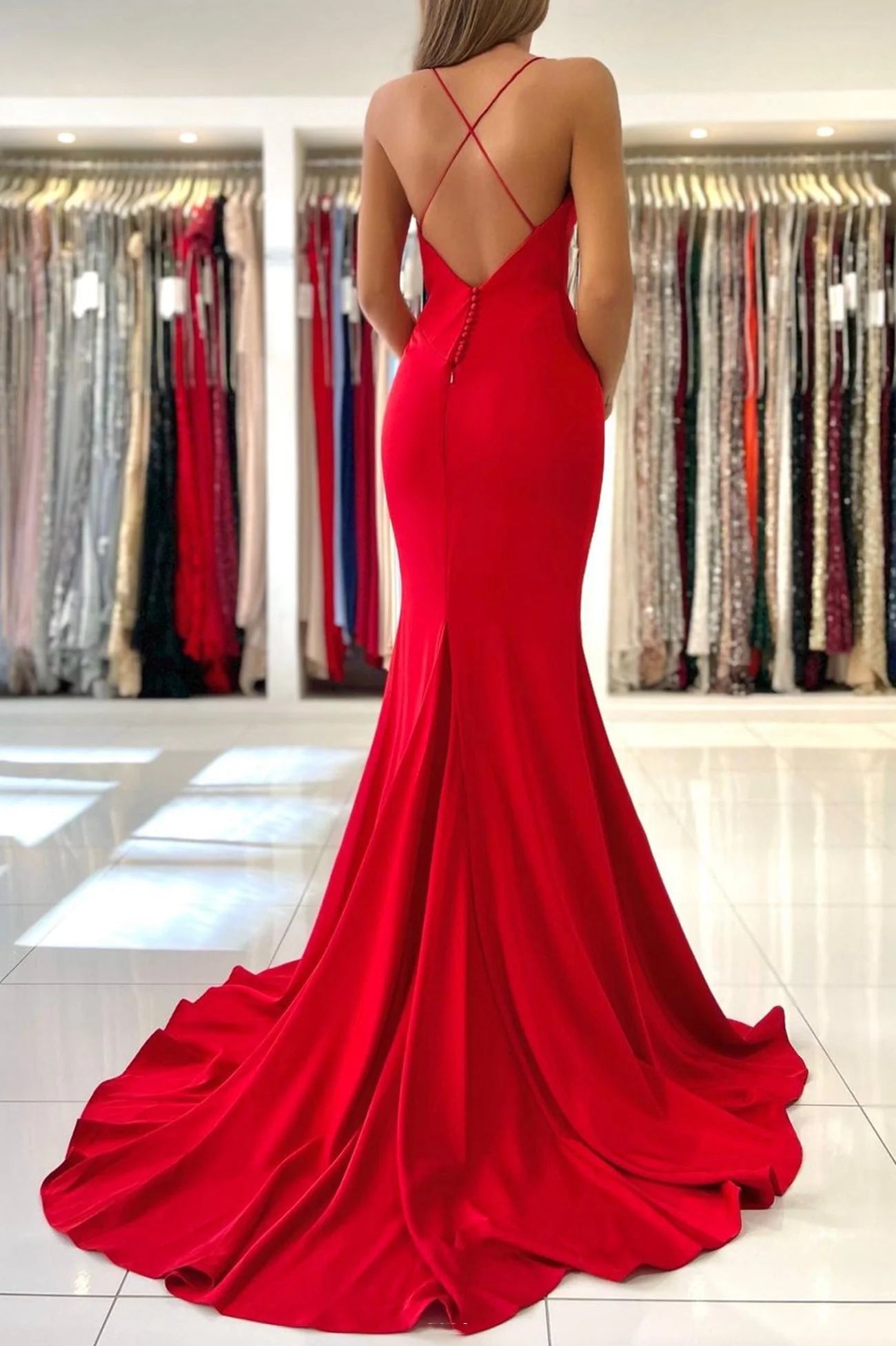 Red V-Neck Long Prom Dress Mermaid Backless Evening Party Dress simple gentle atmospheric and unique desi Bring summer colors to enhance whitenes