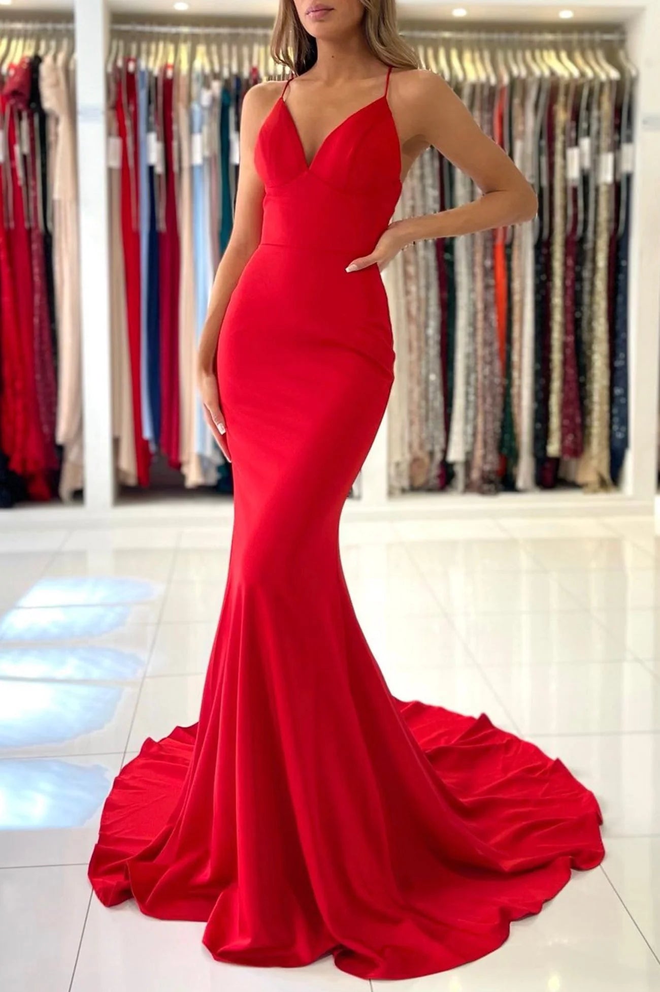 Red V-Neck Long Prom Dress Mermaid Backless Evening Party Dress simple gentle atmospheric and unique desi Bring summer colors to enhance whitenes