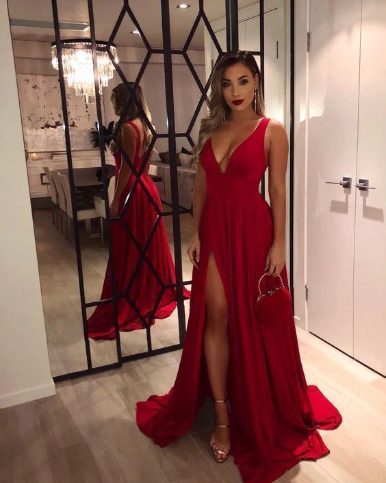 Red V Neck Sleeveless Evening Formal Gown Open Back Long prom Party Dress With Side Slit  simple gentle atmospheric and unique desi Bring summer colors to enhance whiteness