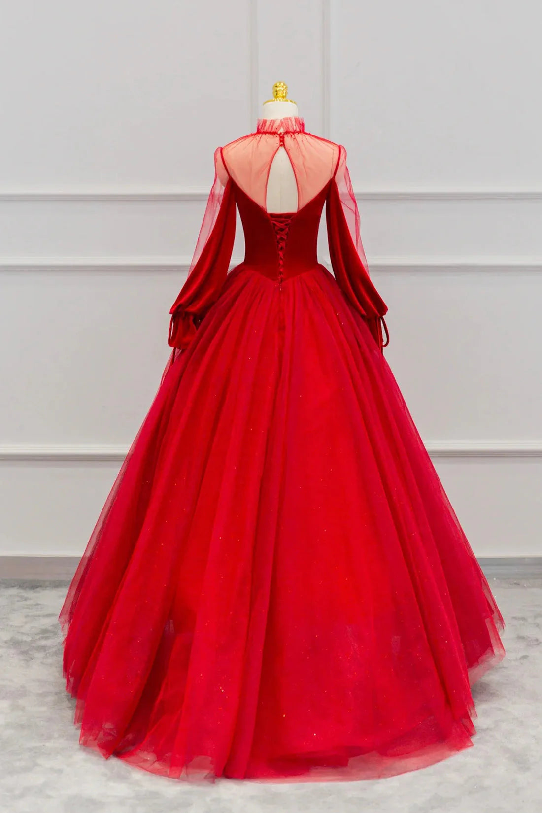 Red Velvet and Tulle Floor Length Prom Dress Long Sleeve Beautiful A-Line Party Dress simple gentle atmospheric and unique desi Bring summer colors to enhance white
