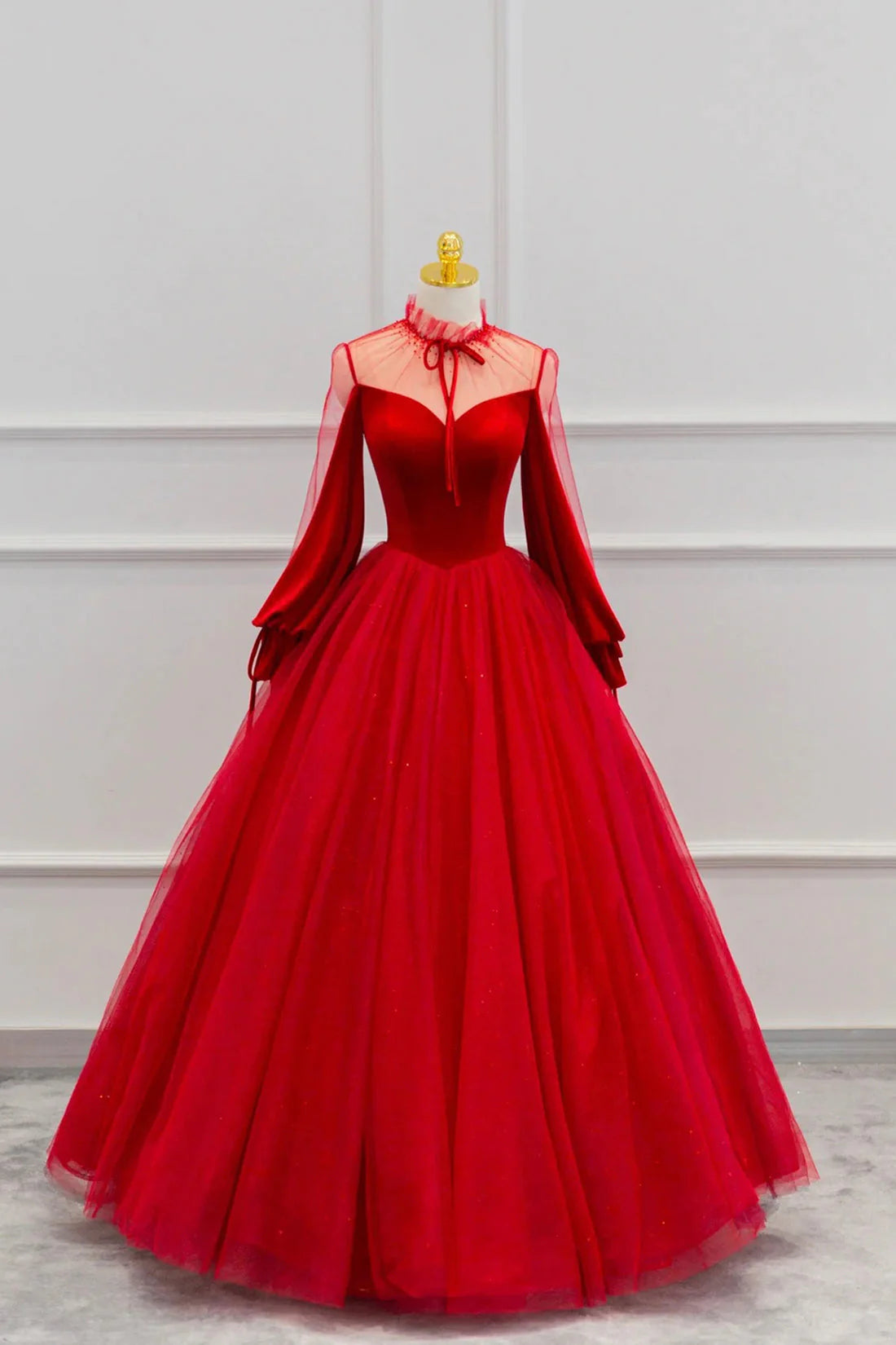 Red Velvet and Tulle Floor Length Prom Dress Long Sleeve Beautiful A-Line Party Dress simple gentle atmospheric and unique desi Bring summer colors to enhance white
