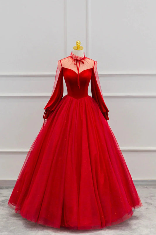 Red Velvet and Tulle Floor Length Prom Dress Long Sleeve Beautiful A-Line Party Dress simple gentle atmospheric and unique desi Bring summer colors to enhance white