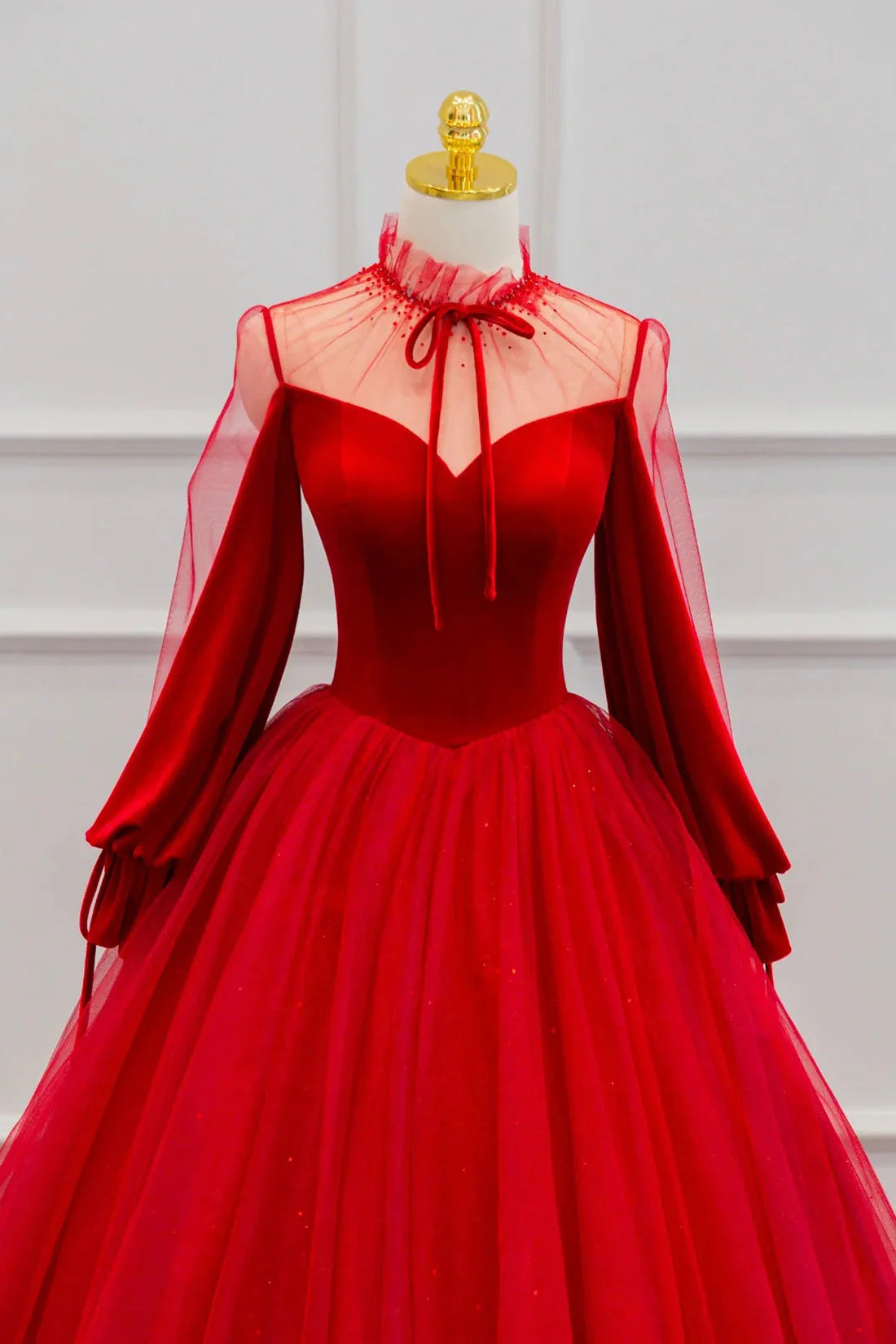 Red Velvet and Tulle Floor Length Prom Dress Long Sleeve Beautiful A-Line Party Dress simple gentle atmospheric and unique desi Bring summer colors to enhance white