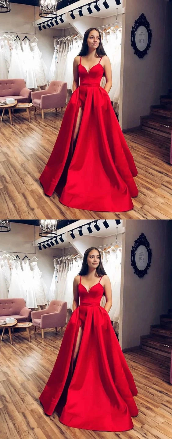 Red camisole long dress with deep V-neckline and thin camisole design. The skirt has a high slit on the side, suitable for dinners, dances, etc