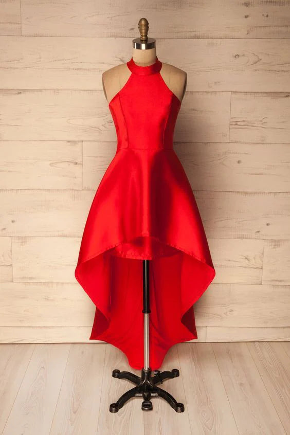 Red dress with high neck and sleeveless design suitable for dinners, dances, and other occasions