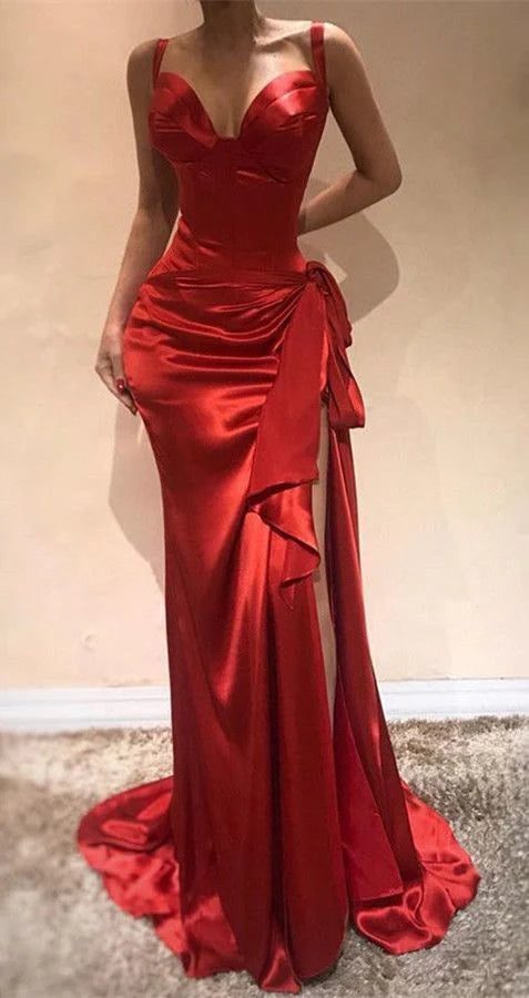 Red satin dress with deep V-neck strap suitable for dinners, dances, and other events