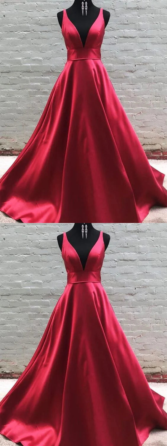 Red satin dress with deep V-strap design, high waist and large skirt suitable for dinners, dances and other occasions