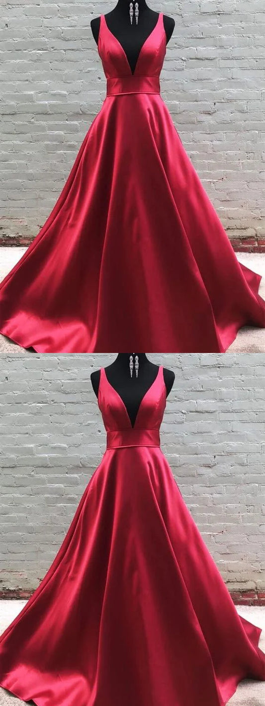 Red satin dress with deep V-strap design, high waist and large skirt suitable for dinners, dances and other occasions