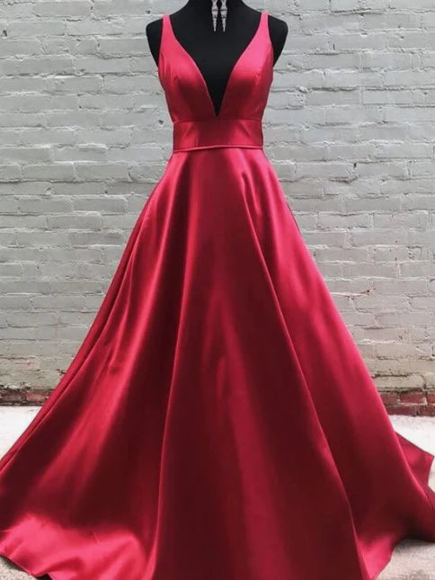 Red satin dress with deep V-strap design, high waist and large skirt suitable for dinners, dances and other occasions