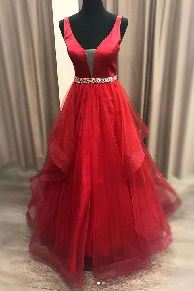 Red sleeveless long dress with a deep V-neckline design and a diamond studded waistband at the waist, perfect for dinners, parties, etc