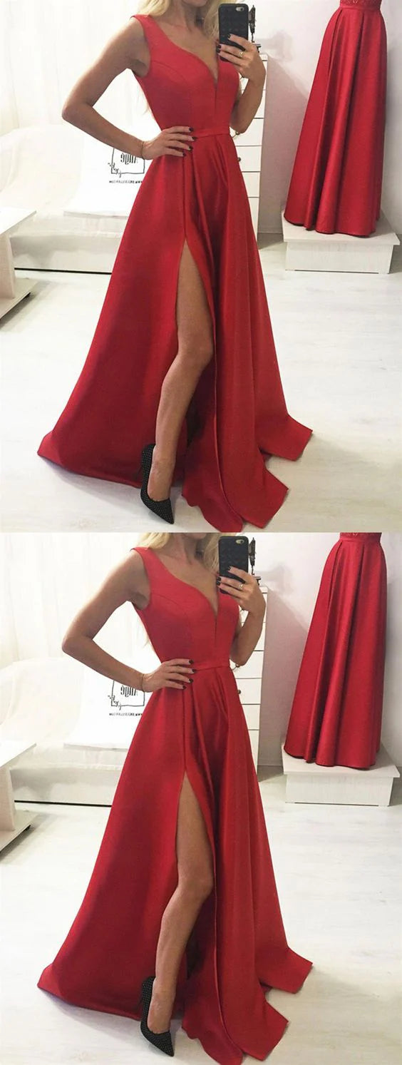 Red sleeveless long dress with deep V-neckline design is perfect for formal occasions such as dinners and red carpets