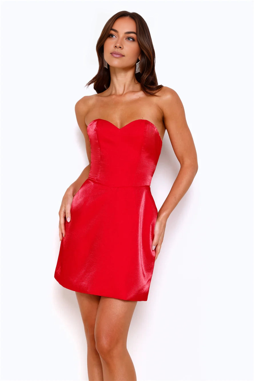 Red strapless dress with heart-shaped neckline design suitable for parties, dates, and other occasions