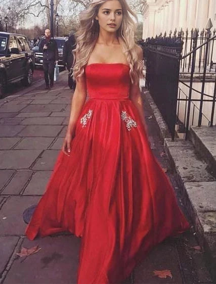 Red strapless long dress with exquisite rhinestone decoration, suitable for dinners, weddings, award ceremonies, etc