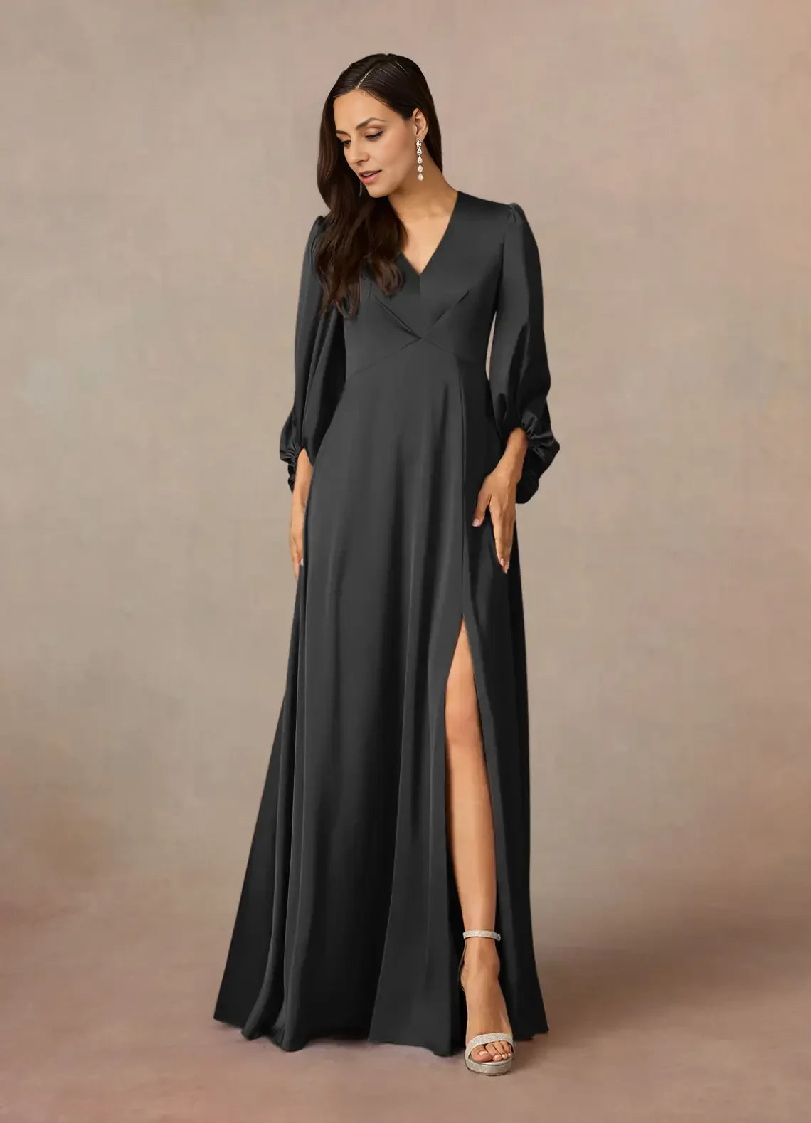 Refined A Line V Neck Bishop Sleeve Ruched Back Floor Length Mother of the Bride Dress