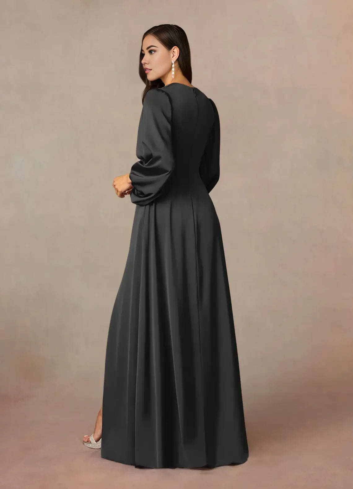 Refined A Line V Neck Bishop Sleeve Ruched Back Floor Length Mother of the Bride Dress