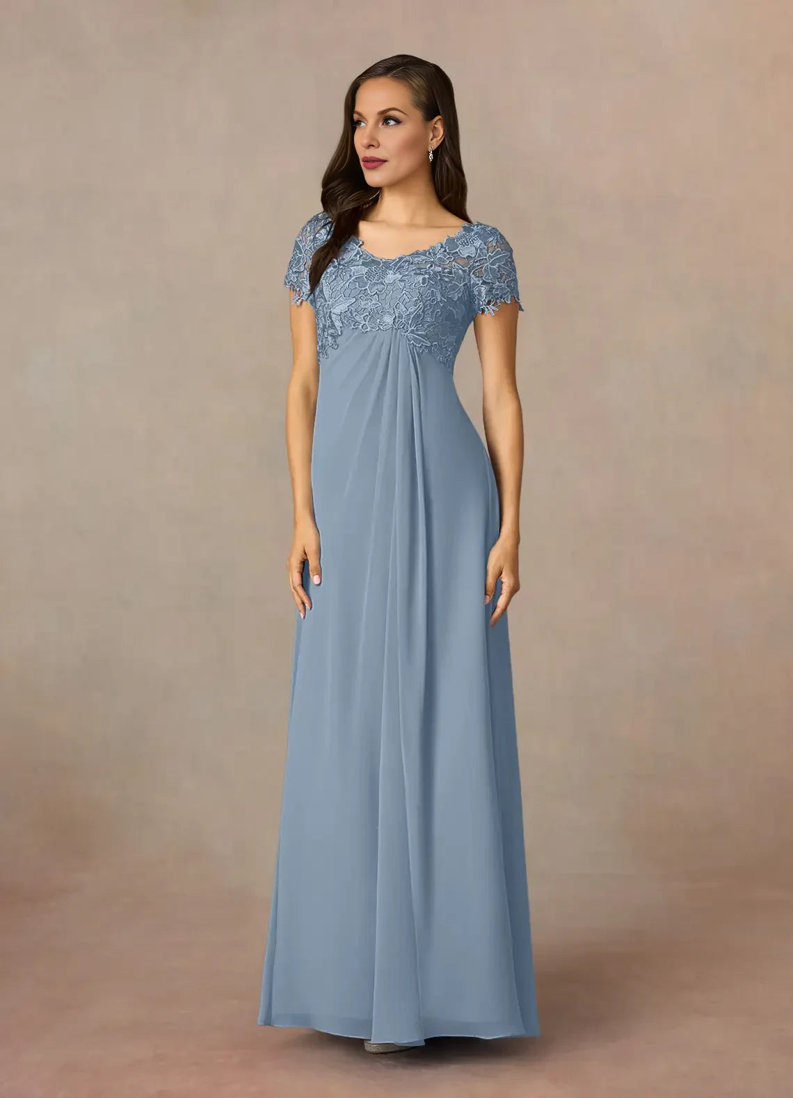 Refined A Line V Neck Cap Sleeve Lace Back Floor Length Mother of the Bride Dress