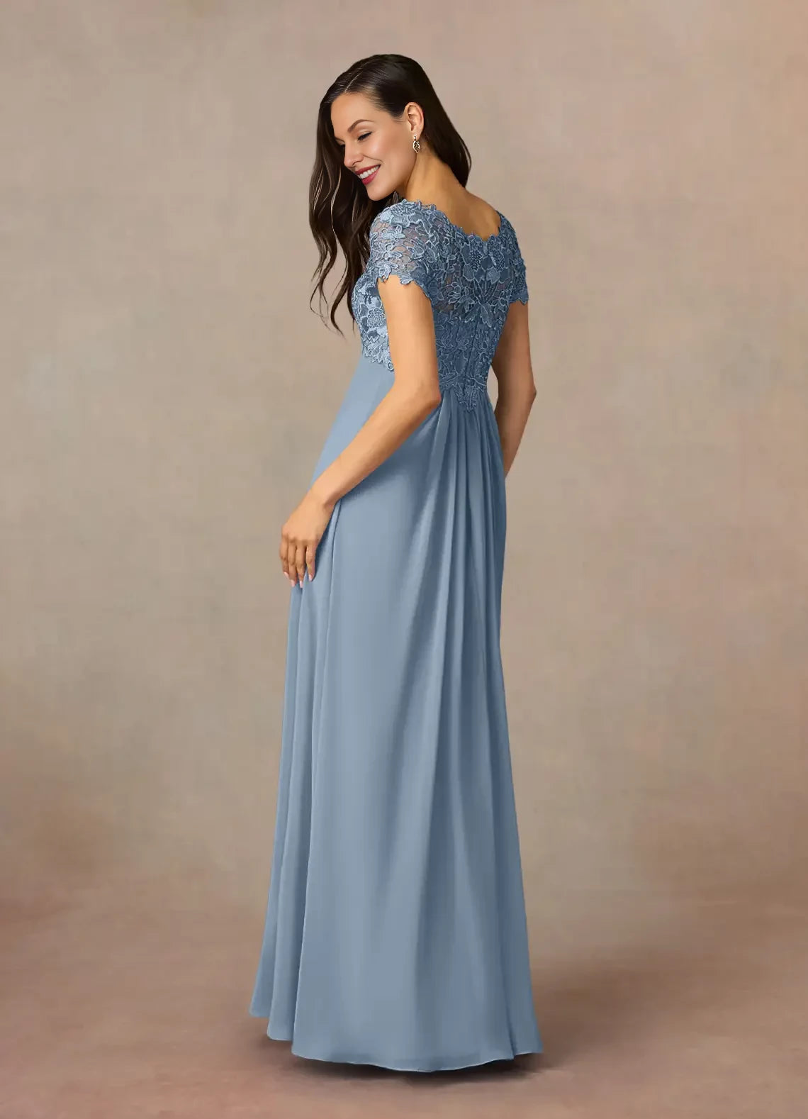 Refined A Line V Neck Cap Sleeve Lace Back Floor Length Mother of the Bride Dress