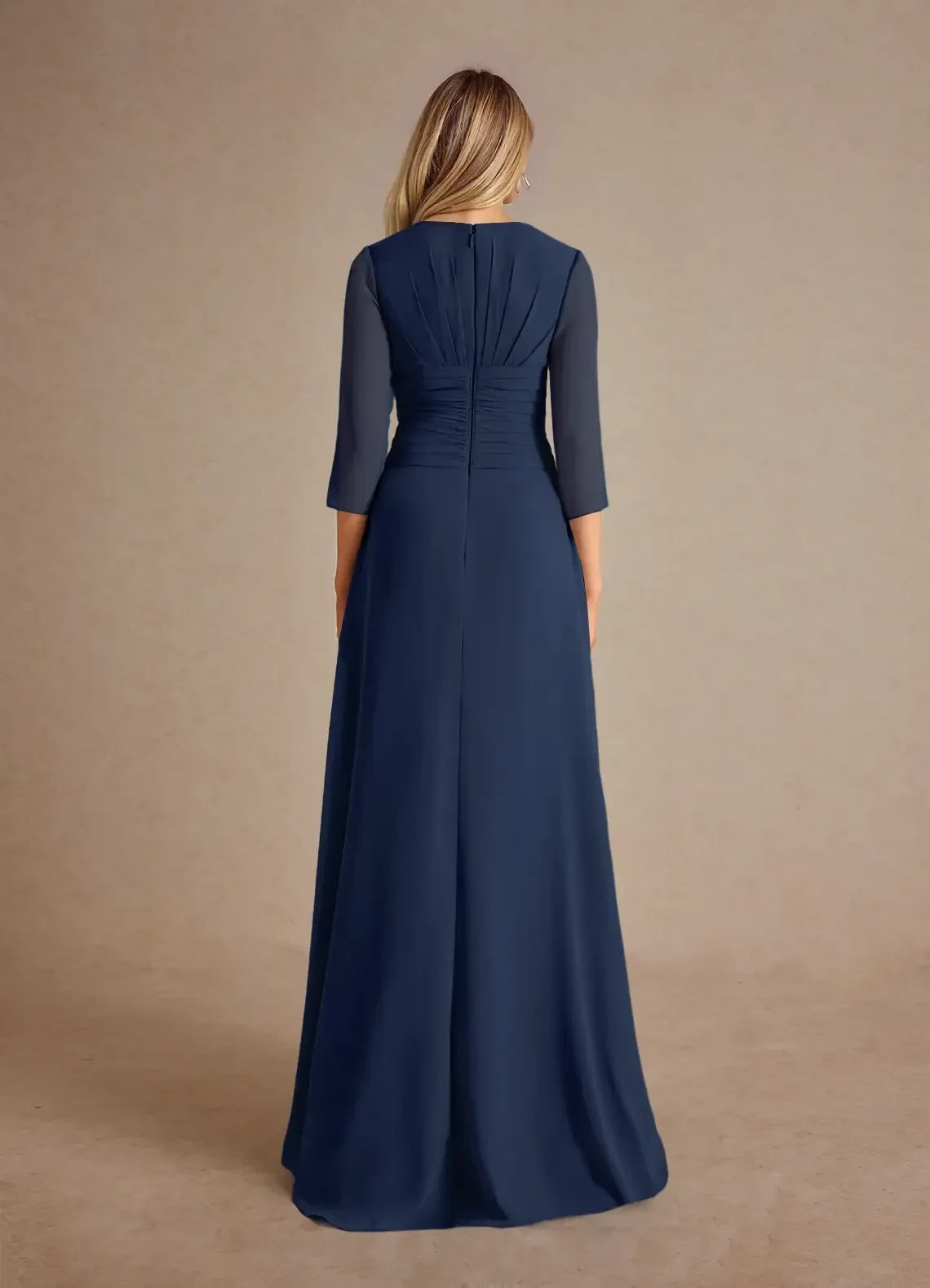 Refined A Line V Neck Three Quarter Sleeve Ruched Back Floor Length Mother of the Bride Dress