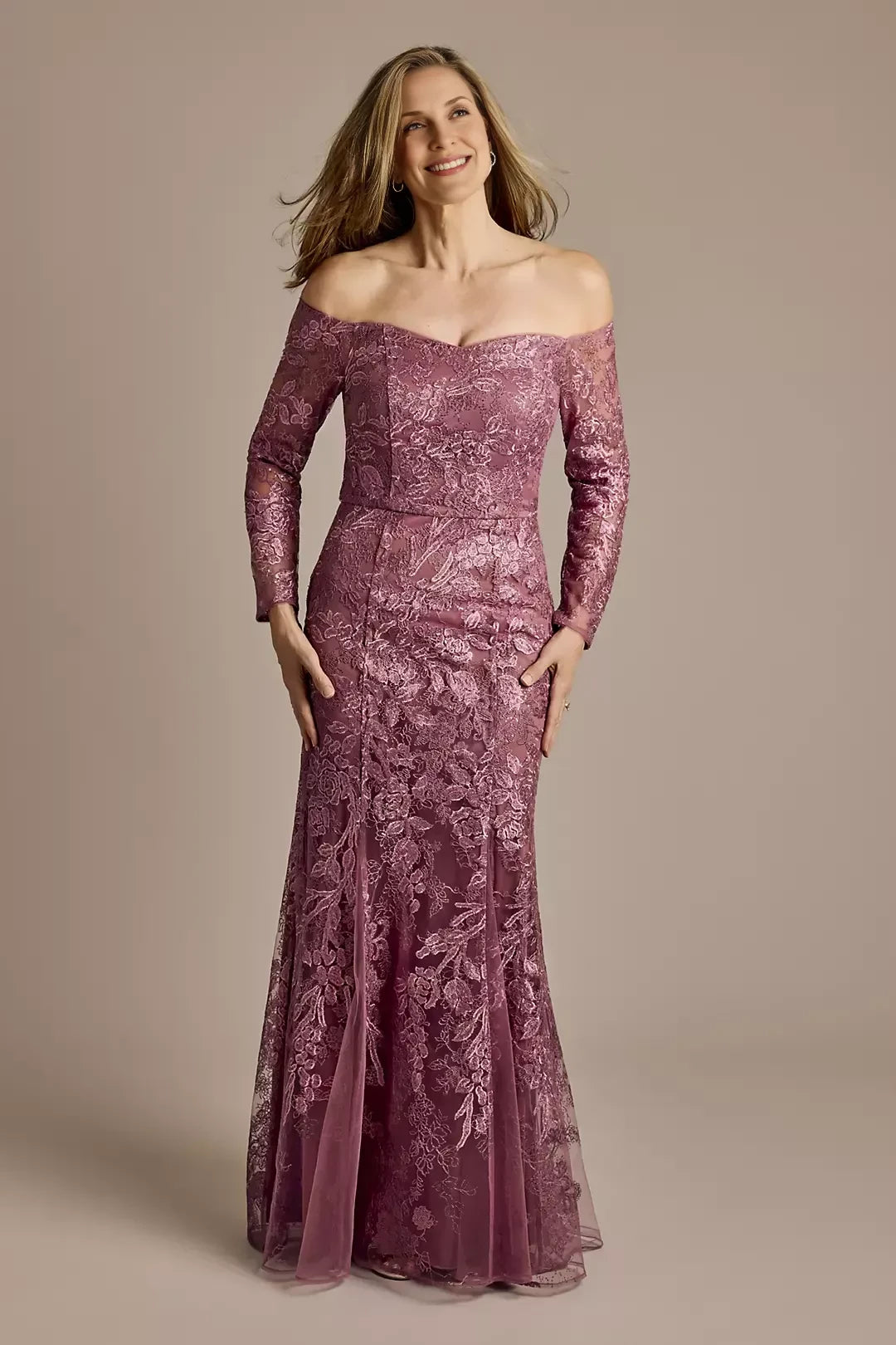 Refined Mermaid Off Shoulder Long Sleeve Lace Back Floor Length Mother of the Bride Dress