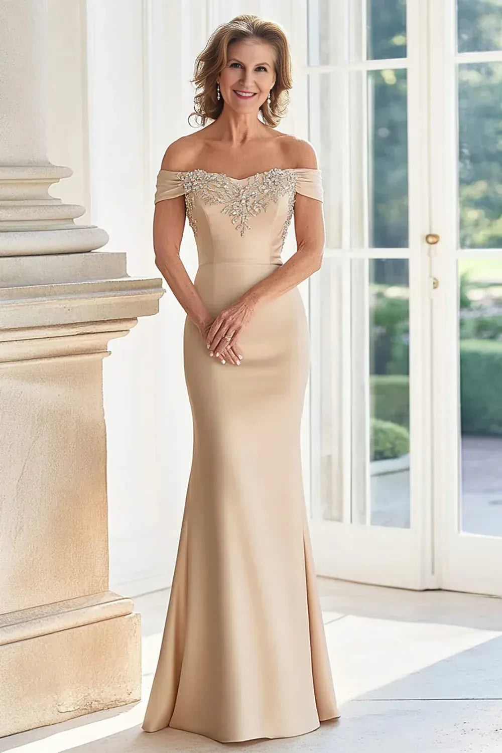 Refined Mermaid Off Shoulder Sleeveless Beaded Back Floor Length Mother of the Bride Dress